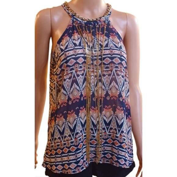 LOVE SONG WOMEN'S TOP-Fringe Multicolor Halter Gold Chain Geometric- Large - Picture 1 of 10